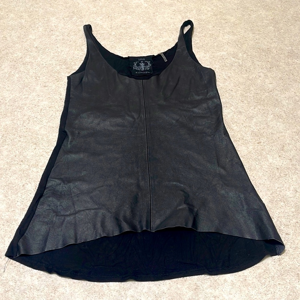 WOMENS LOVE HAPPINESS BLACK REAL LEATHER FRONT HIGH/LOW SCOOP NECK TANK TOP